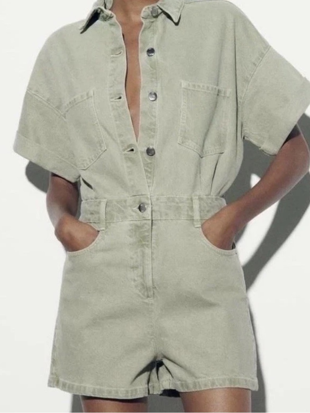 Zara Green Denim Romper One Piece Utility Summer Vacation Wear Womens Small